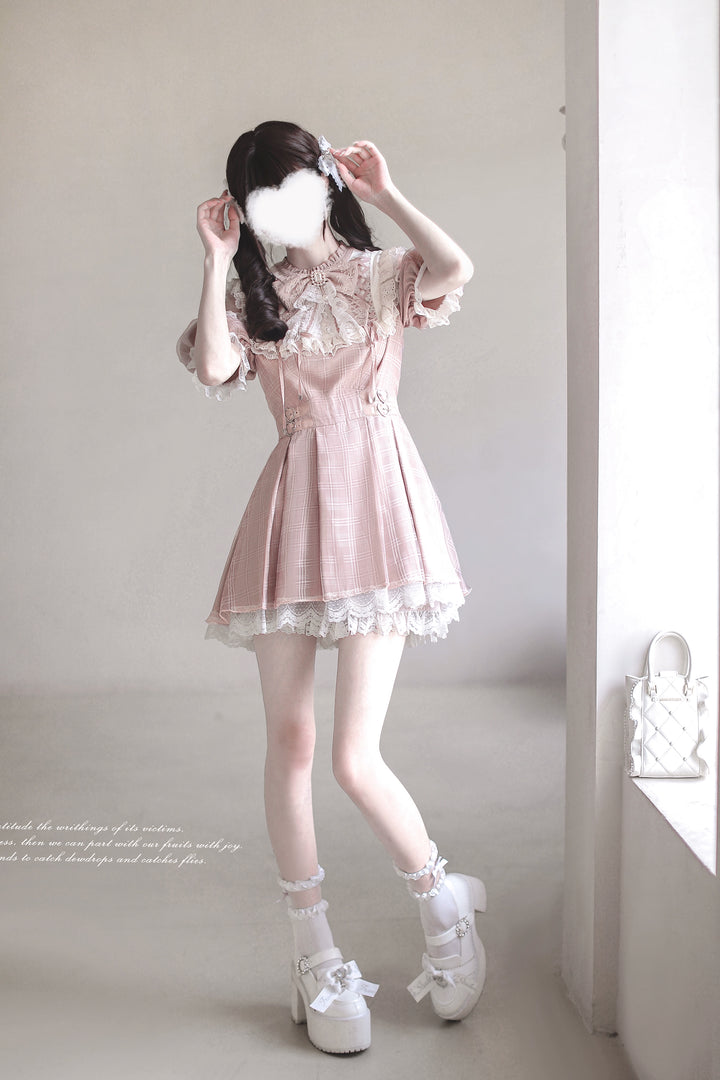 Pink Ryousangata Dress, Lace Trim & Square Rhinestone Bow 43193:770320