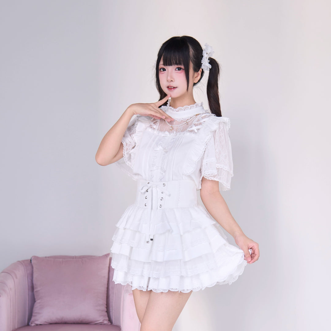 Jirai Kei Pearl Necklace Blouse, Lace-up Cake Skirt Set 43019:765676