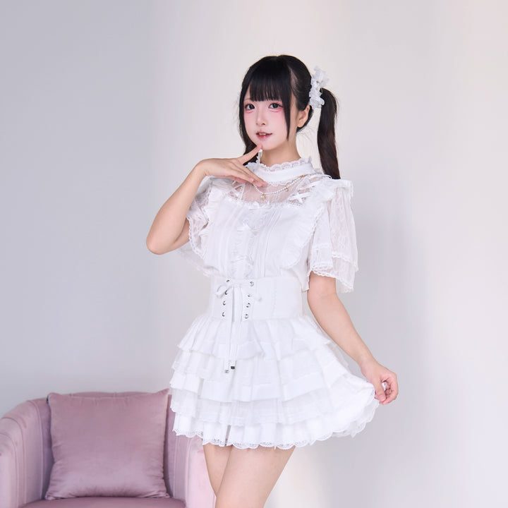 Jirai Kei Pearl Necklace Blouse, Lace-up Cake Skirt Set 43019:765676
