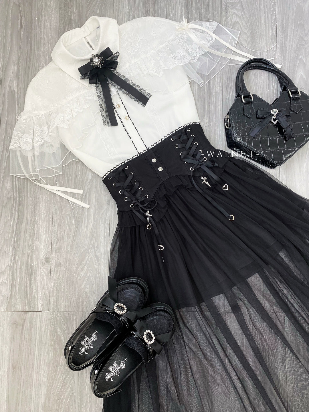Jirai Kei Cape-Styled Blouse, High-Waist Skirt With Veil Overlay 42919:757789