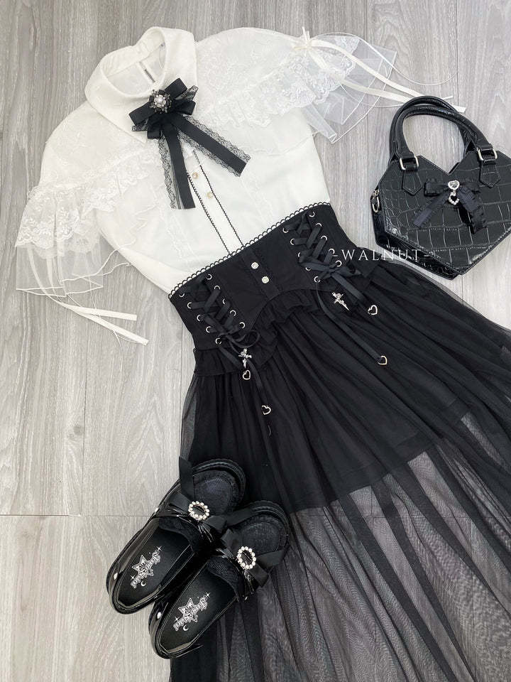 Jirai Kei Cape-Styled Blouse, High-Waist Skirt With Veil Overlay 42919:757789