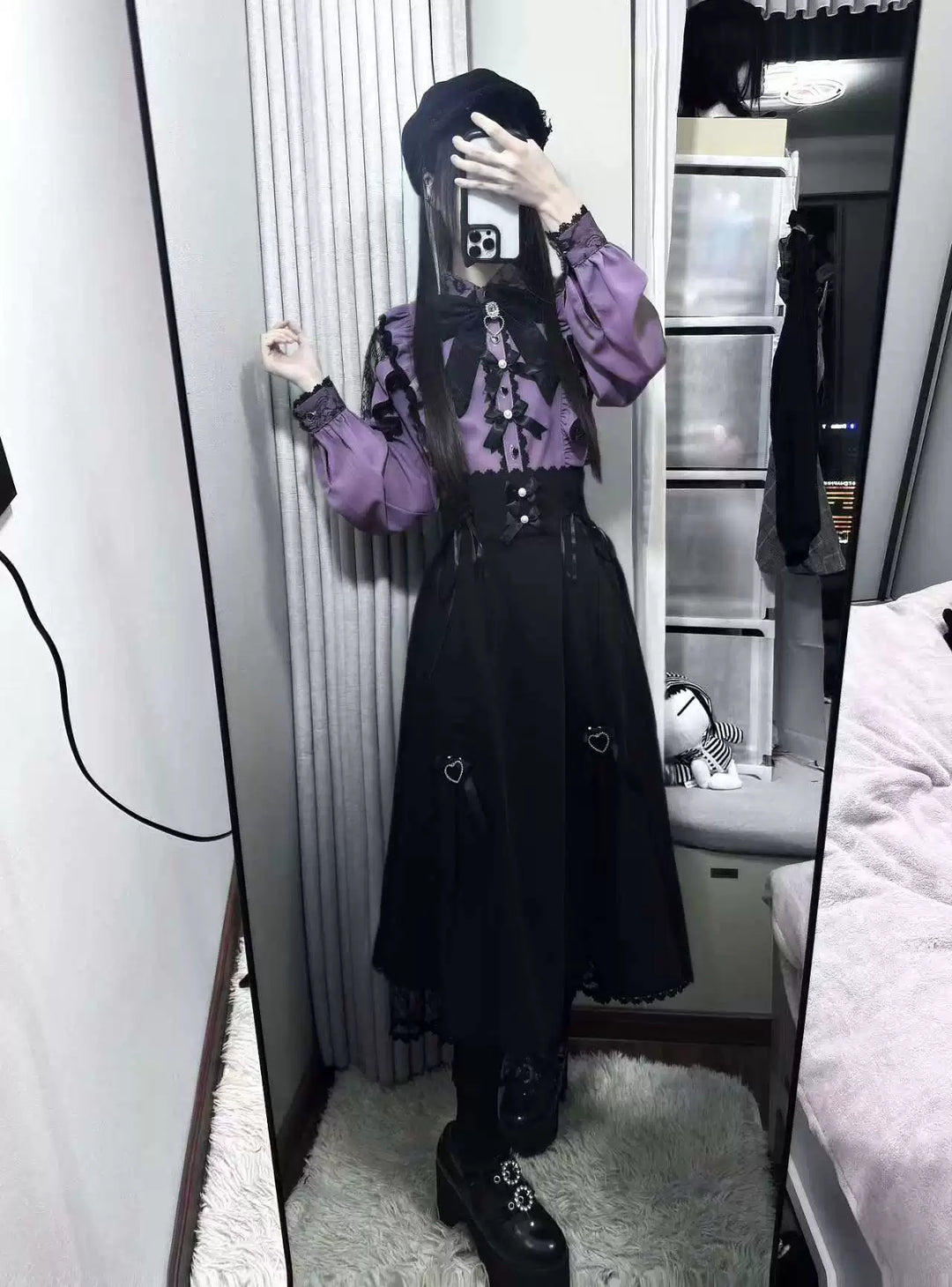 Purple Jirai Kei Blouse, Lace Trim and Detachable Bows 44666:818548