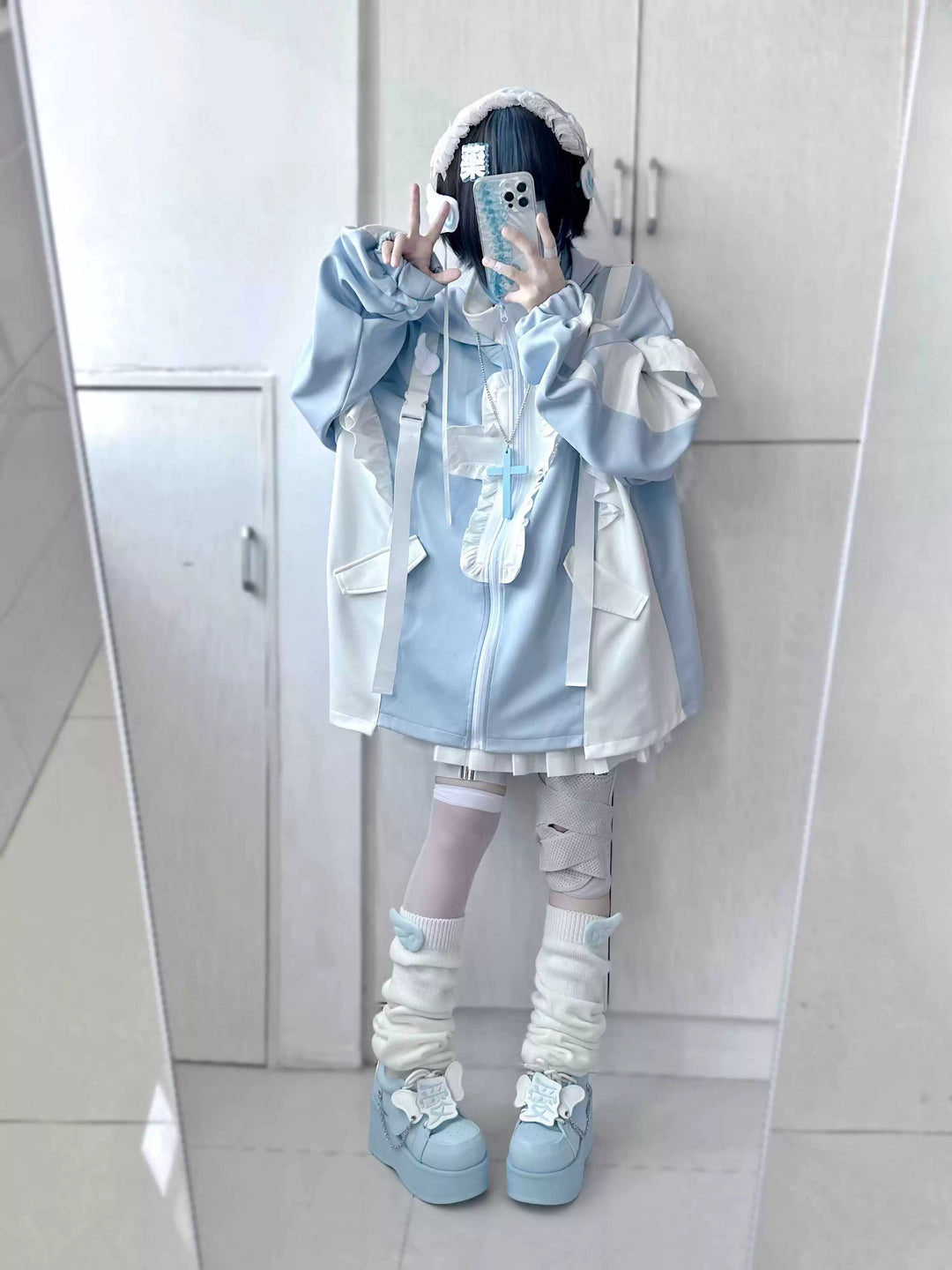 Tenshi Kaiwai Full Set Flounced Blue Cat Ears Coat & Shorts Set 39094:615456
