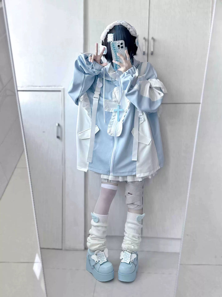 Tenshi Kaiwai Full Set Flounced Blue Cat Ears Coat & Shorts Set 39094:615456