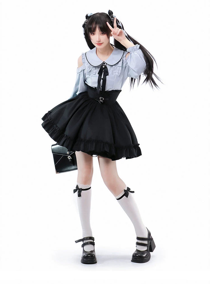 Jirai Kei Blue Open Shoulder Blouse, Flounce Hem Skirt 21966:351030