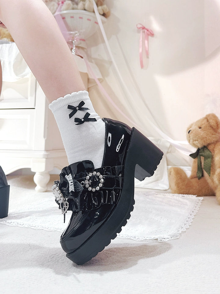 Jirai Kei Mid-Heel Loafer Shoes, Detachable Bow Clips 44005:792707