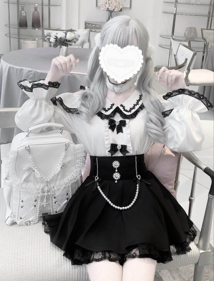 Jirai Kei Open-shoulder Blouse Black Skirt With Peal Chain 42164:729282
