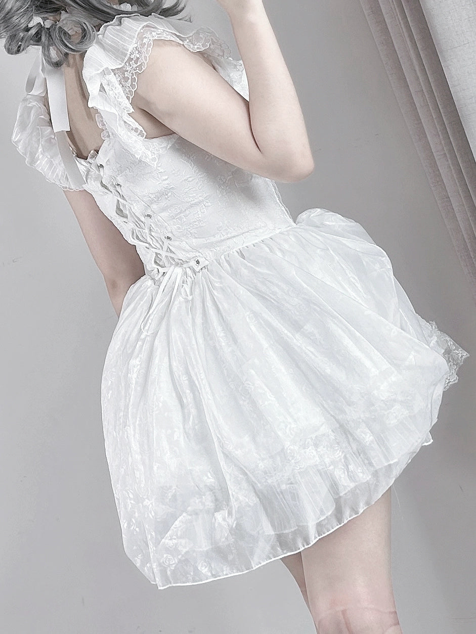 Black / White Jirai Kei Dress, Floral Lace & Halter Neck 43105:771125