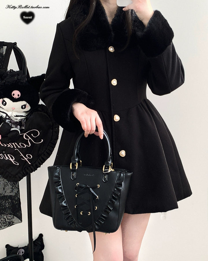 Jirai Kei Coat Detachable Fur Collar Dress Wool-like Jacket 40416:667686