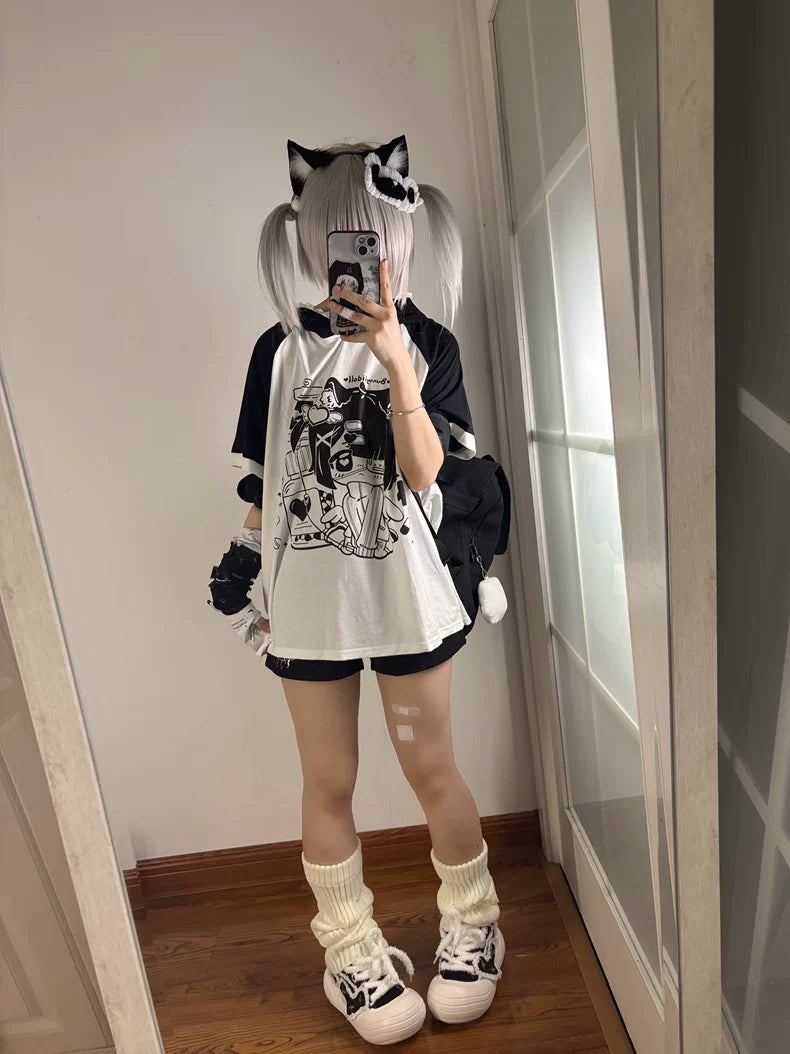 Subculture T-shirt Cat Ear Anime Hoodie Loose Otaku Shirt 38522:599850