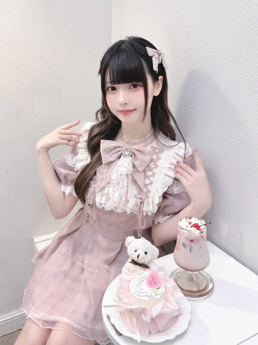 Pink Ryousangata Dress, Lace Trim & Square Rhinestone Bow 43193:770340