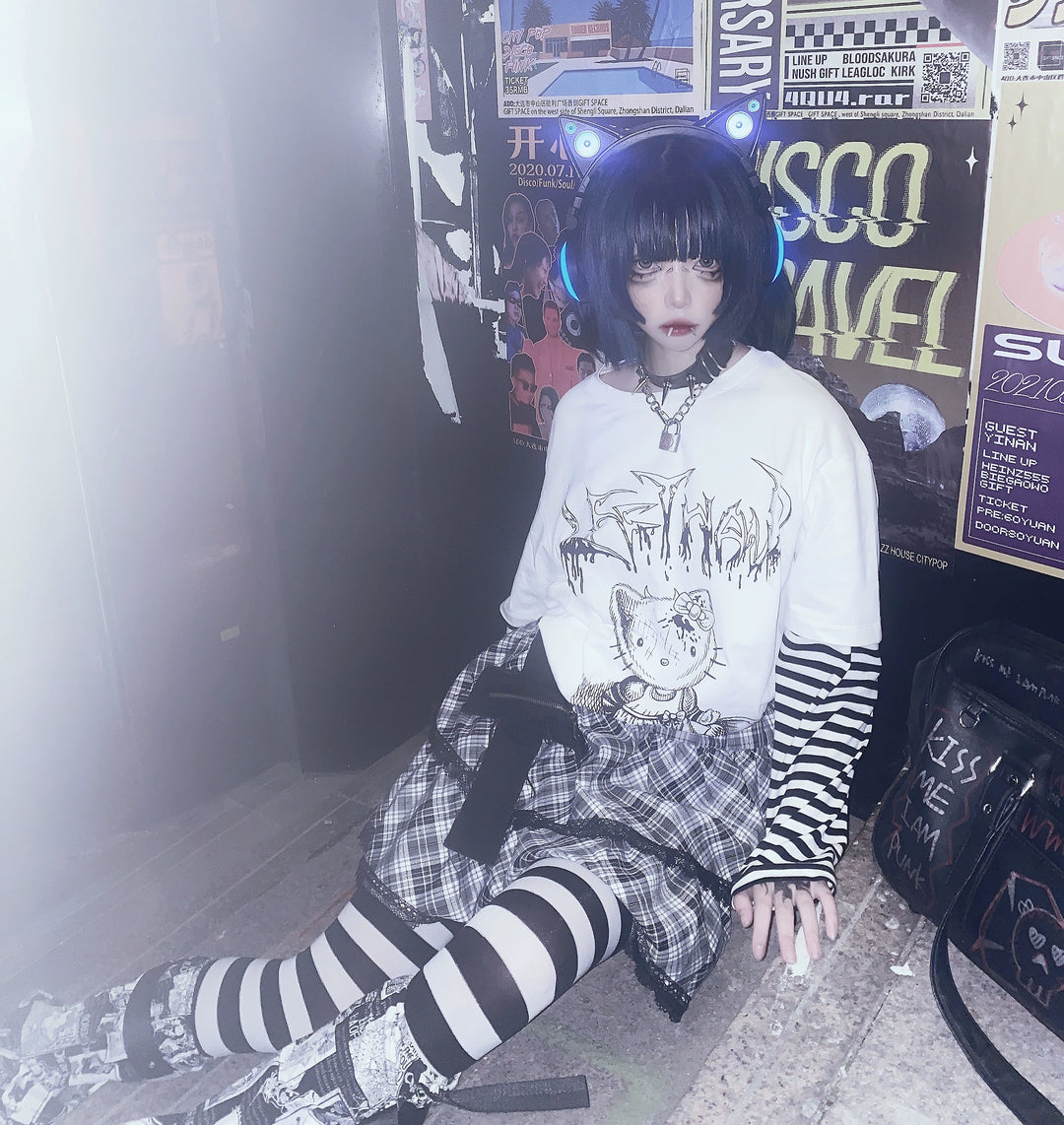 Punk Top Y2K Shirt False Two Striped Long Sleeve T-shirt 34484:538266 34484:538266