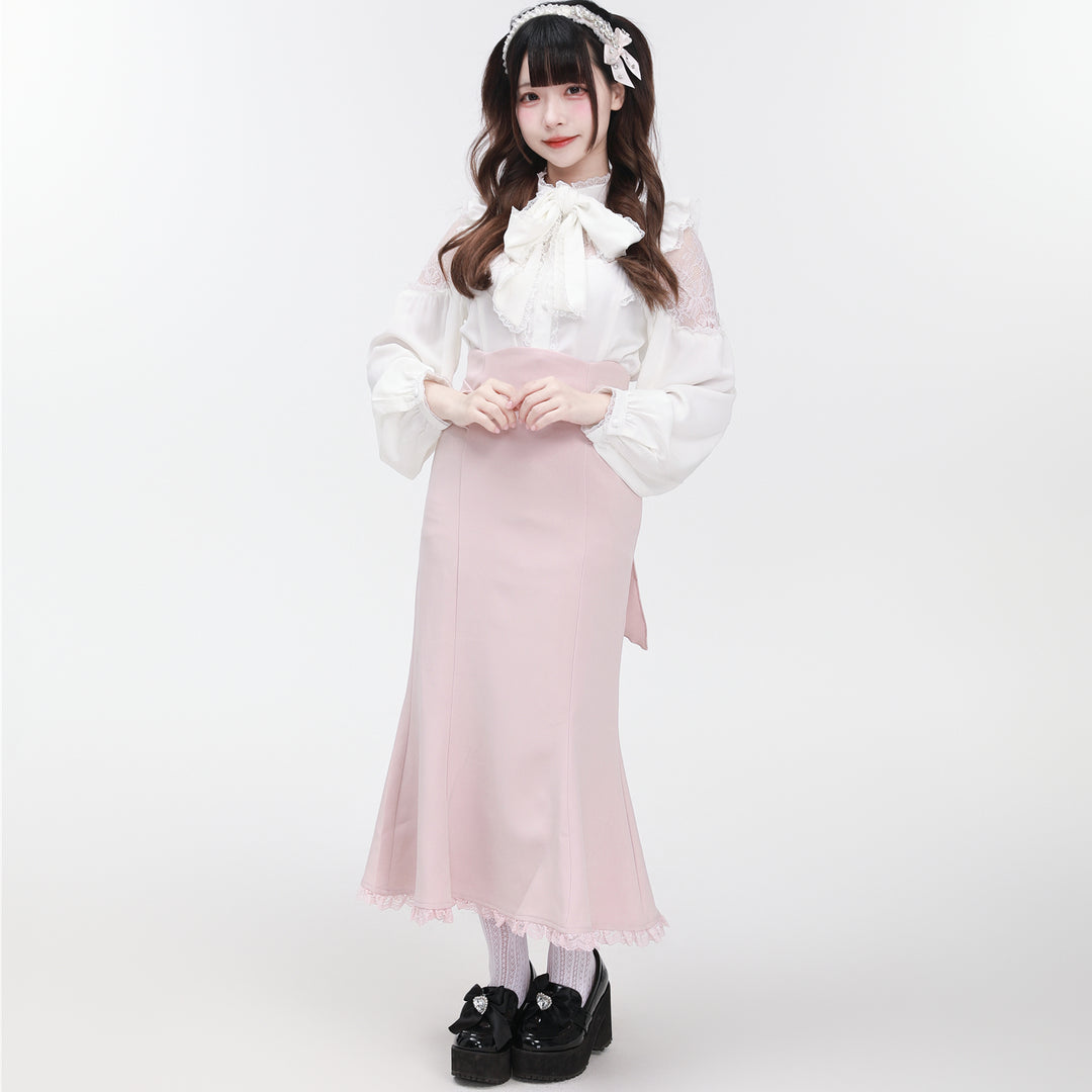 Jirai Kei Stand Collar Shirt with Lace Shoulder And Ribbon 42748:751812
