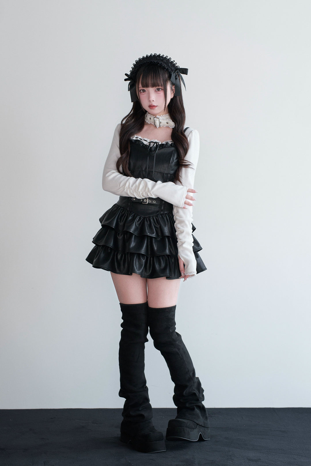 Jirai Kei Strappy Mini Dress, Tiered Ruffles 44328:805449