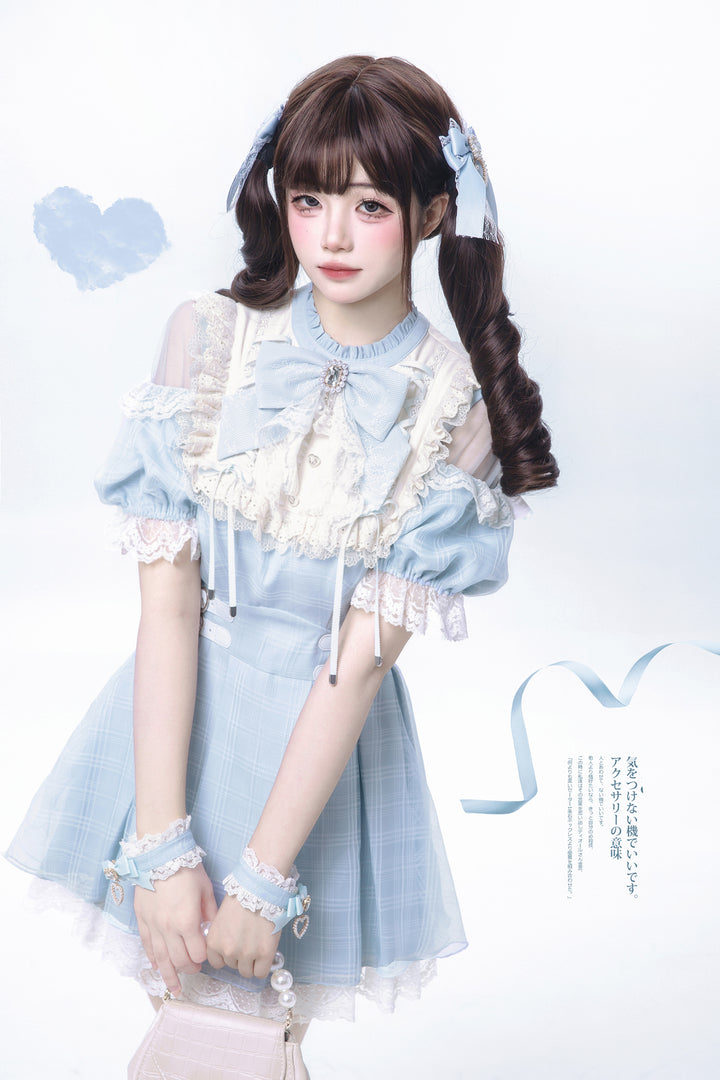 Water Blue Jirai Kei Dress with Box Pleated Skirt And Square Rhinestone 42704:750880