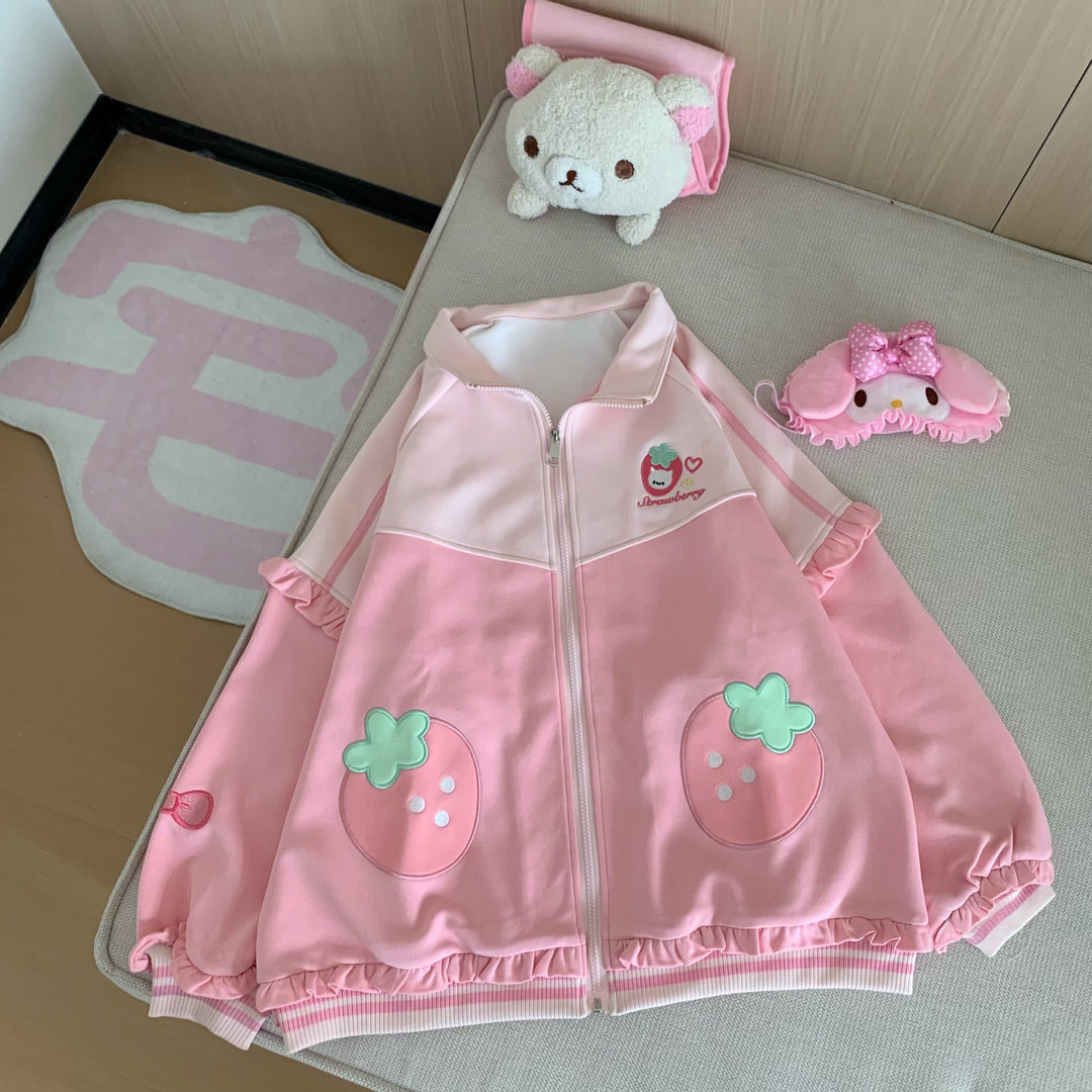 Kawaii Pink Coat and Shorts Set with Strawberry Embroidery (L M S) 42703:749873
