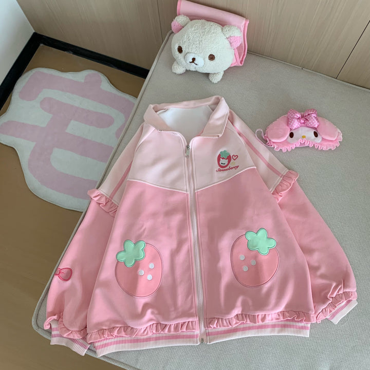 Kawaii Pink Coat and Shorts Set with Strawberry Embroidery (L M S) 42703:749873