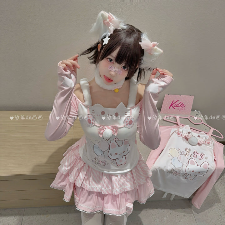 Kawaii Cat-Print Cotton Skirt Off-Shoulder Top with Choker 42812:754164