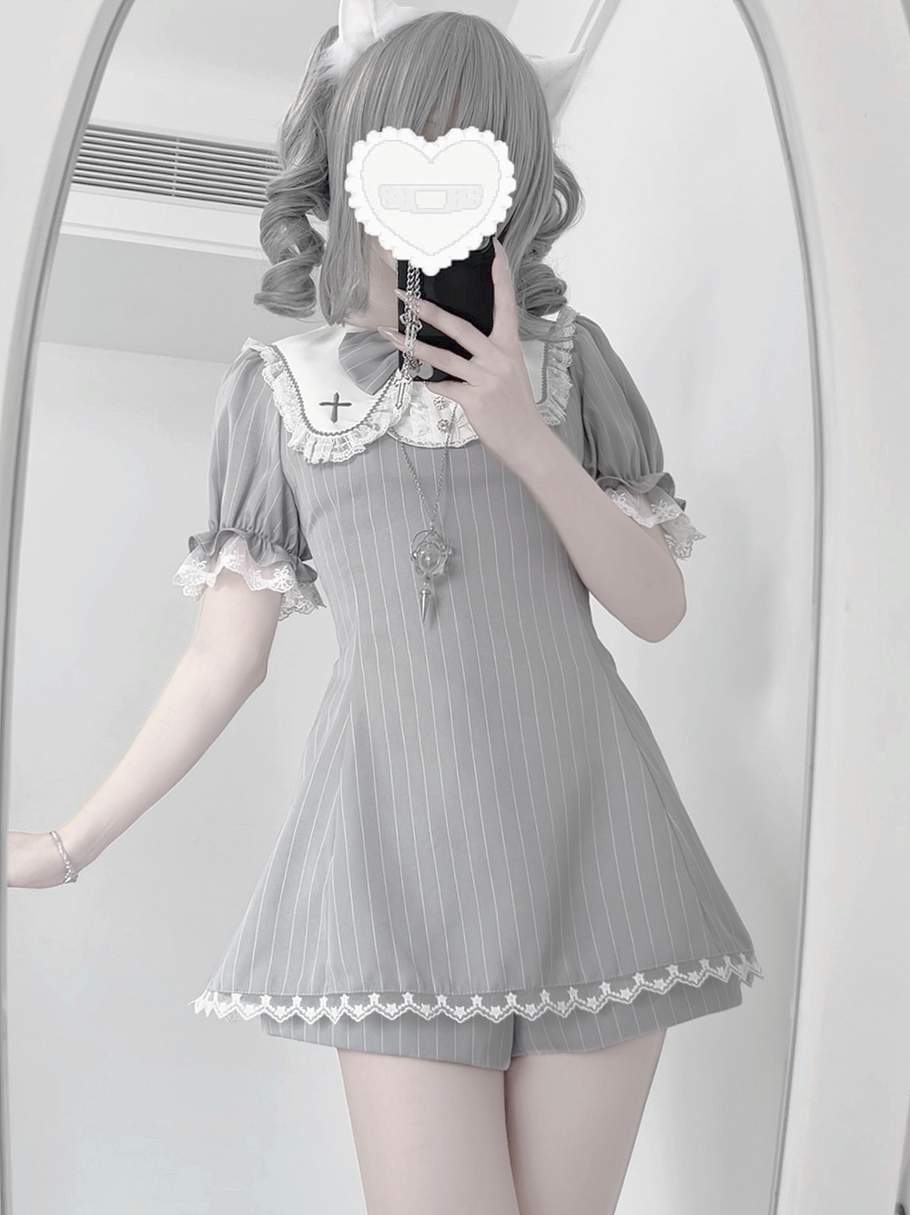 Striped Jirai Kei Dress Set Sailor Collar with Cross Details (L M S XL) 42785:752993