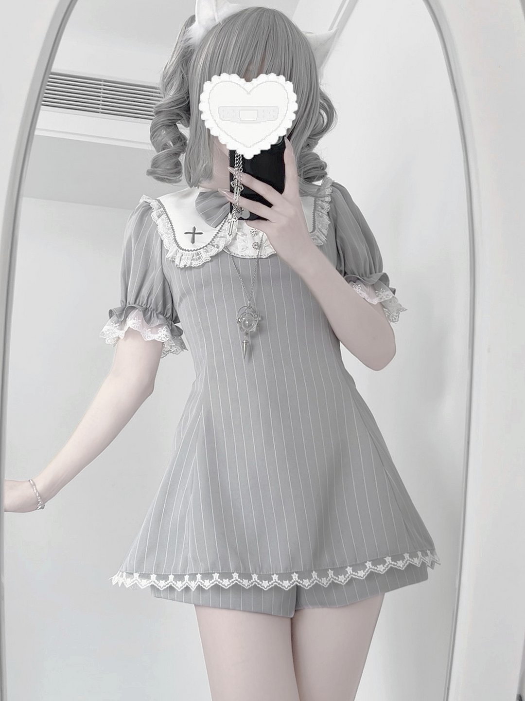 Striped Jirai Kei Dress Set Sailor Collar with Cross Details (L M S XL) 42785:752993