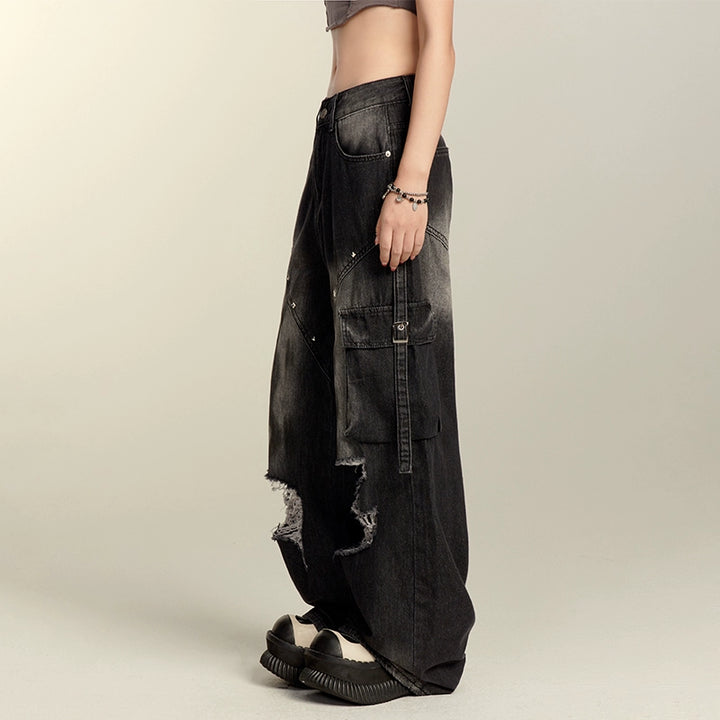 Punk Pants Black Straight Wide Leg Ripped Jeans Autumn 39760:642238