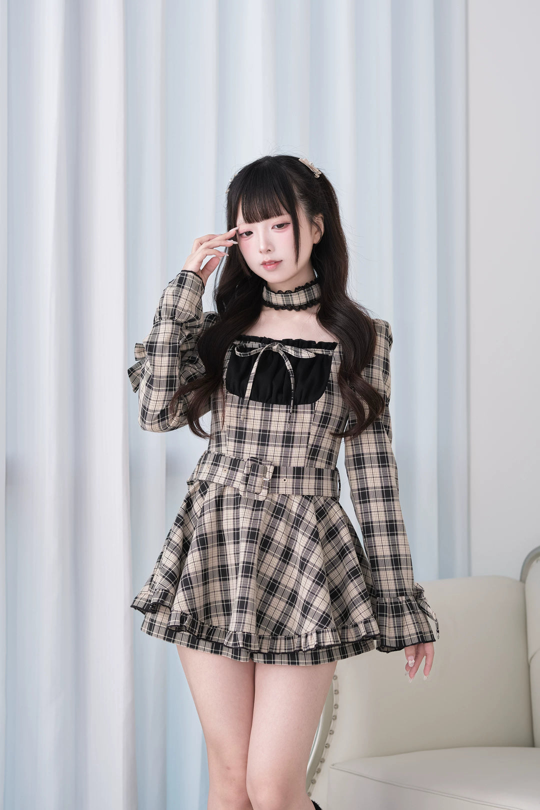 Jirai Kei Plaid Dress and Shorts Set, Lace Trim Choker (M S) 44689:819256