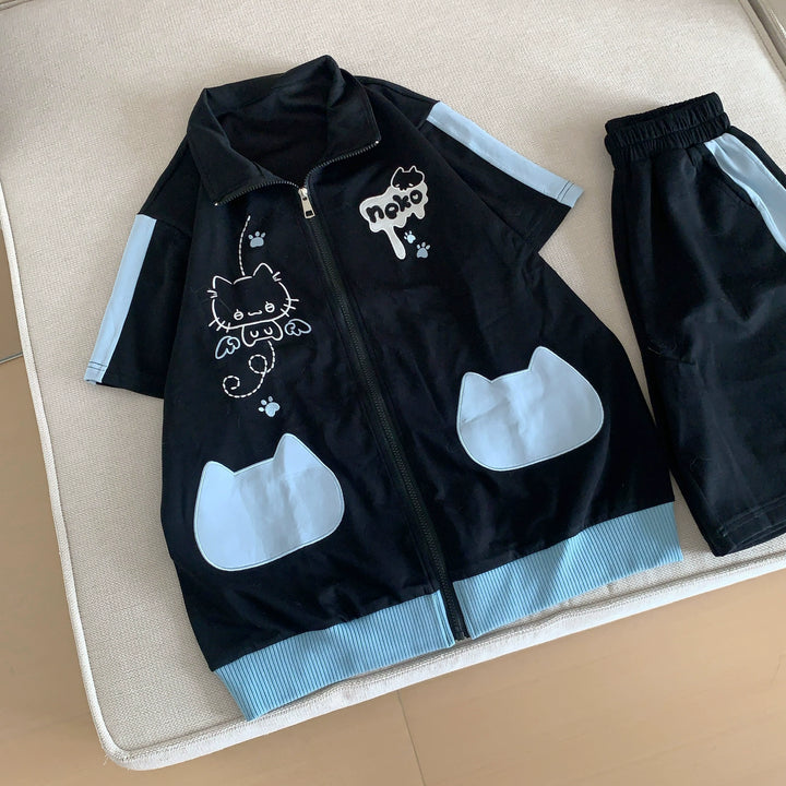 Cat Printed Kawaii Outfit, Zip Up Sweatshirt + Pocketed Shorts (L M S) 43561:779961