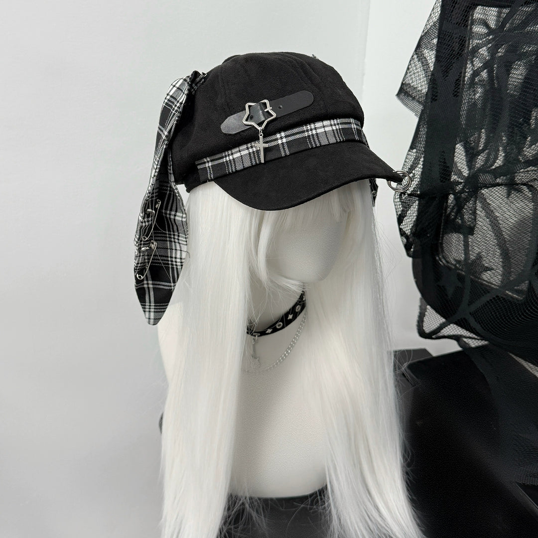 Plaid Punk Beret Hat, Bunny Ears, Safety Pins (M / Black) 43833:786489