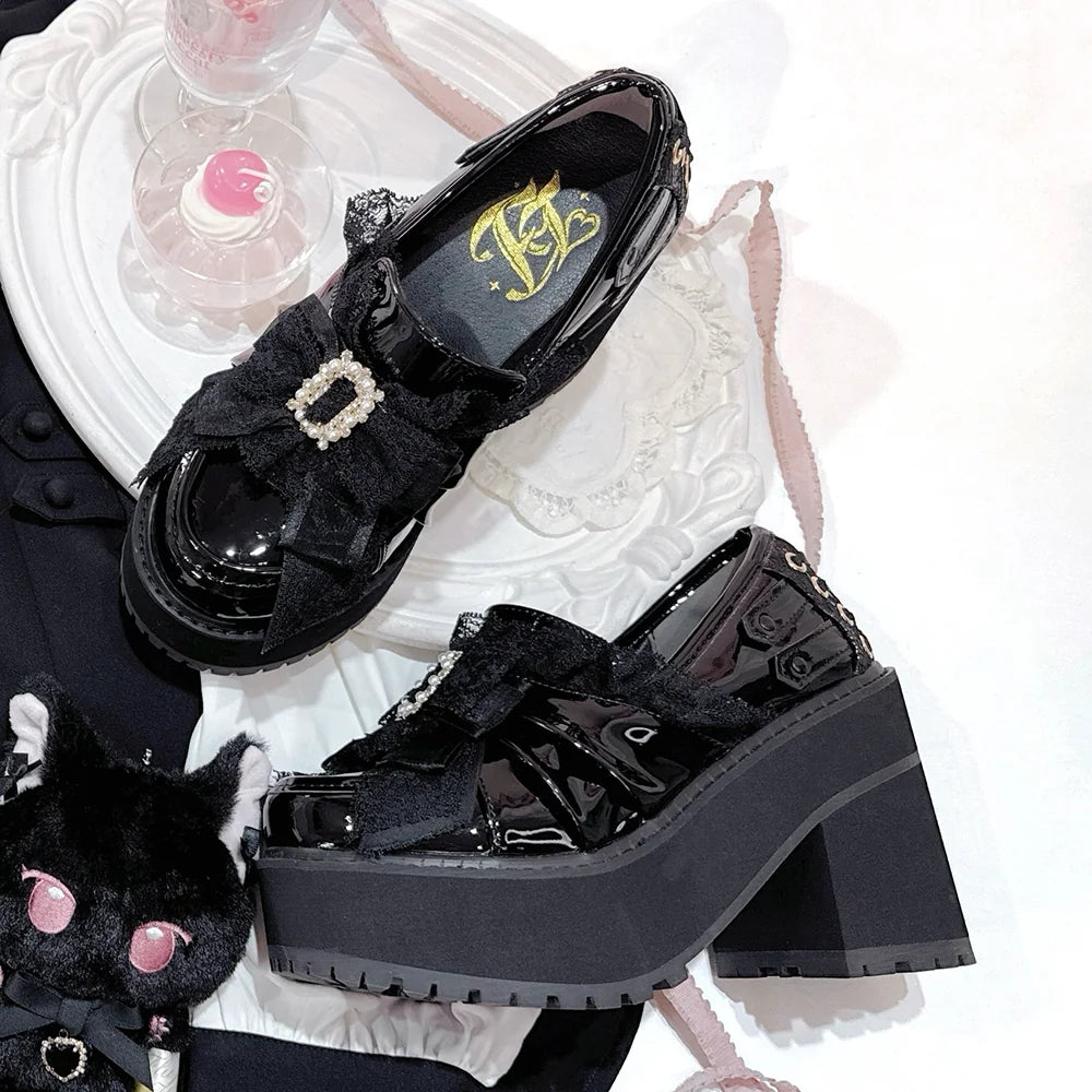 Black/White Jirai Kei Platform High Heel Shoes, Lace Bow (Black / 35 36 37 38 39 40 41 42) 45952:872986