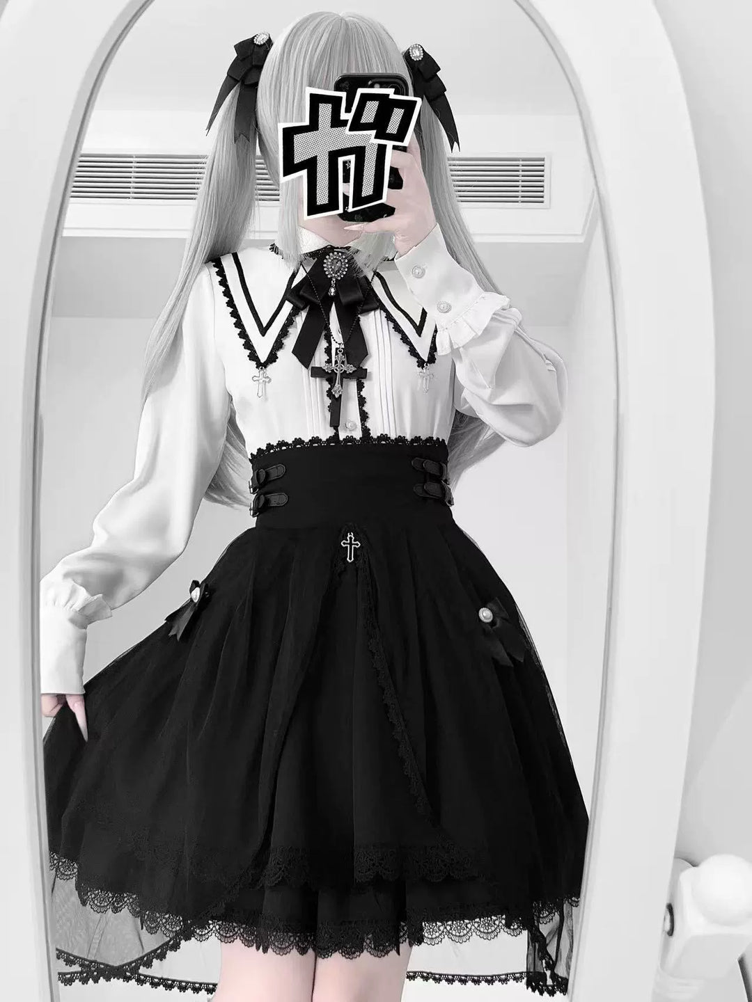 Jirai Kei Pointed Collar Blouse, Black High-Waist Skirt (2XL L M S XL) 44216:804924