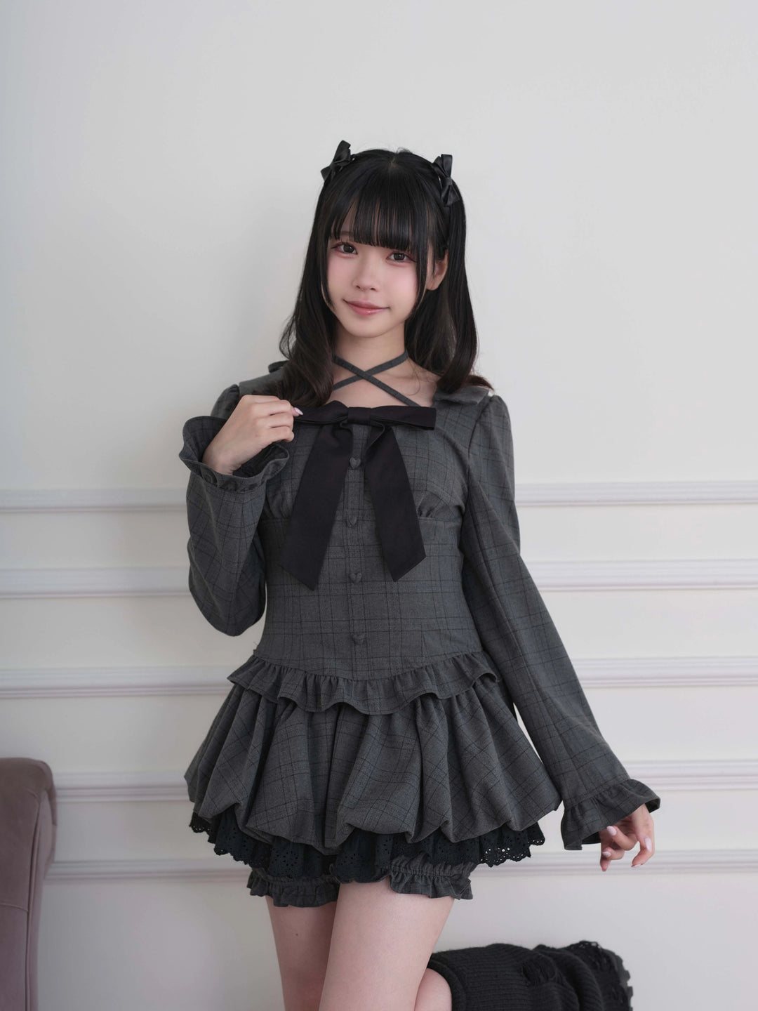 Ryousangata Plaid/Striped Dress & Shorts Set, Chest Big Bow (M S) 46031:873213