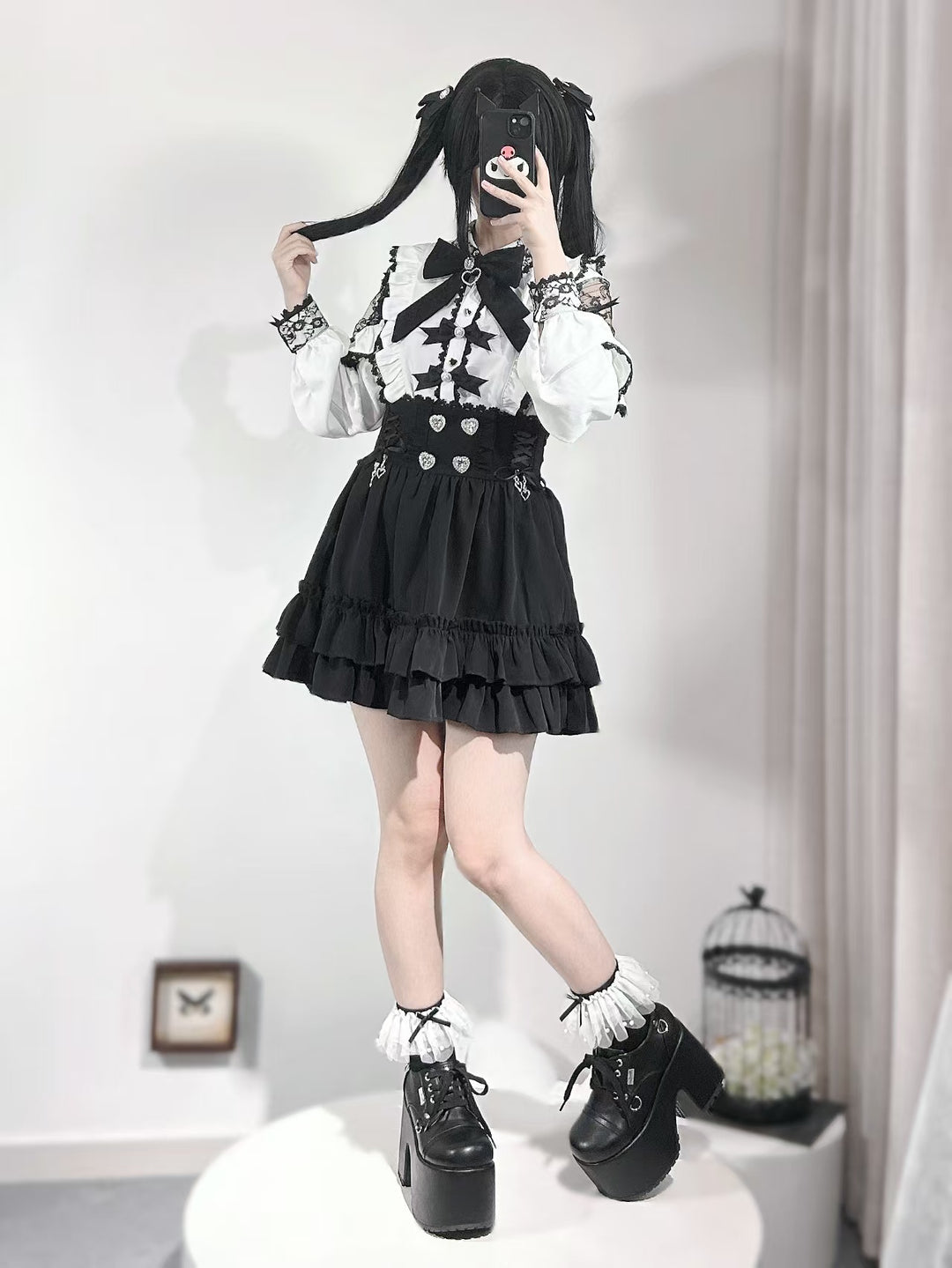 Jirai Kei White Blouse With Lace Open Shoulder And Long Sleeves 42710:750079