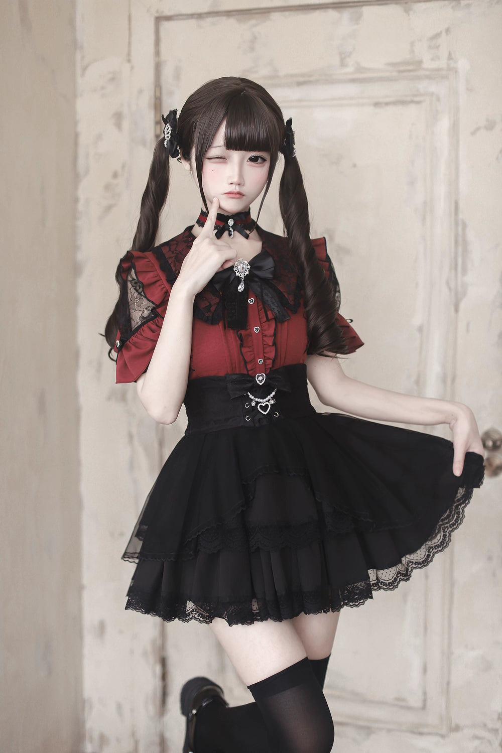 Jirai Kei Lace Sleeve Blouse, Ruffle Details 45194:841387