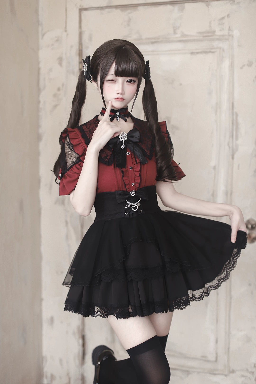 Jirai Kei Lace Sleeve Blouse, Ruffle Details 45194:841387
