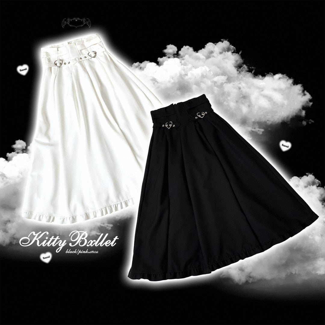 Long Jirai Kei Skirt With Lace Up And Heart-shaped Adjustable Buckle (White) 39638:633576