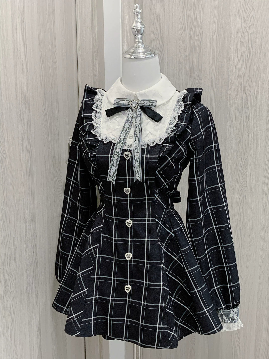 Jirai Kei Dress Set Long-sleeved Plaid Dress And Shorts 39444:620598