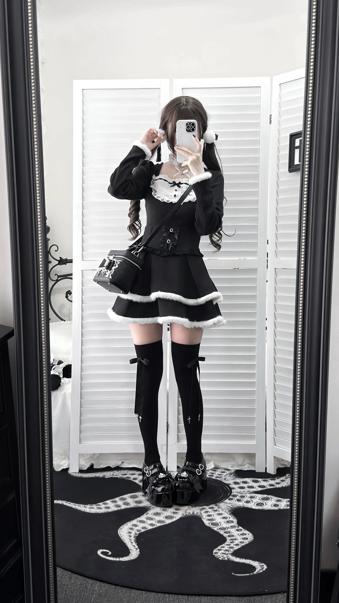 Jirai Kei Black High Waist Skirt, Faux Fur Trim 46105:875449