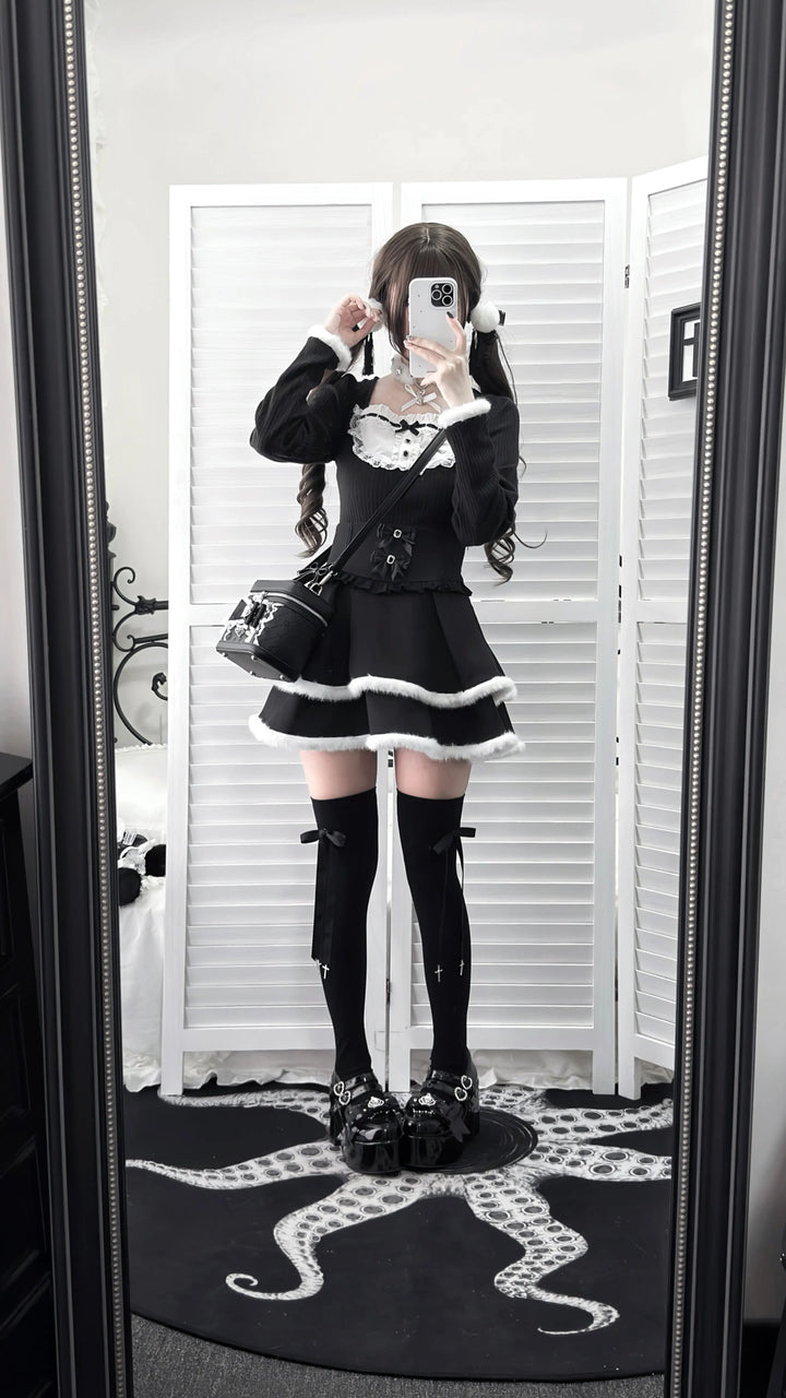 Jirai Kei Black High Waist Skirt, Faux Fur Trim 46105:875449