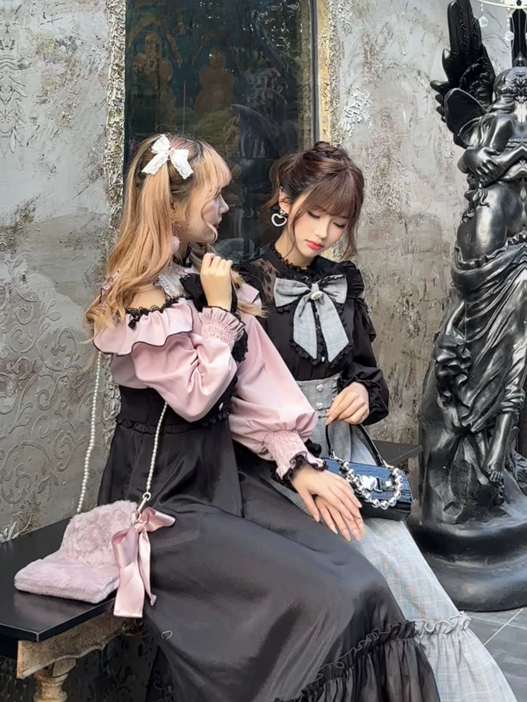 Jirai Kei Open-Shoulder Long Dress, Detachable Bow 44754:823922