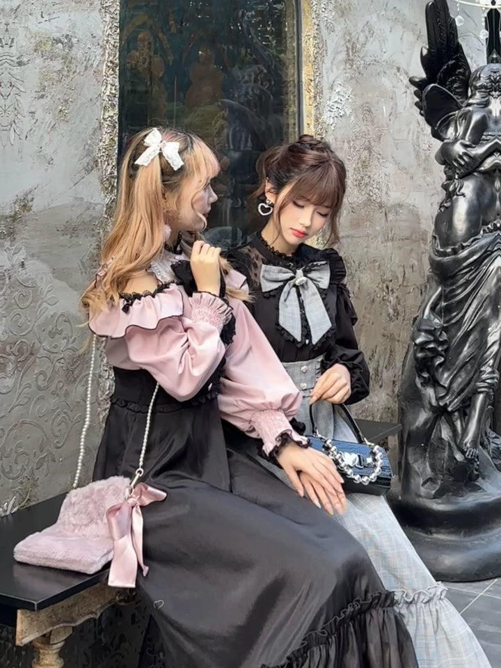 Jirai Kei Open-Shoulder Long Dress, Detachable Bow 44754:823922