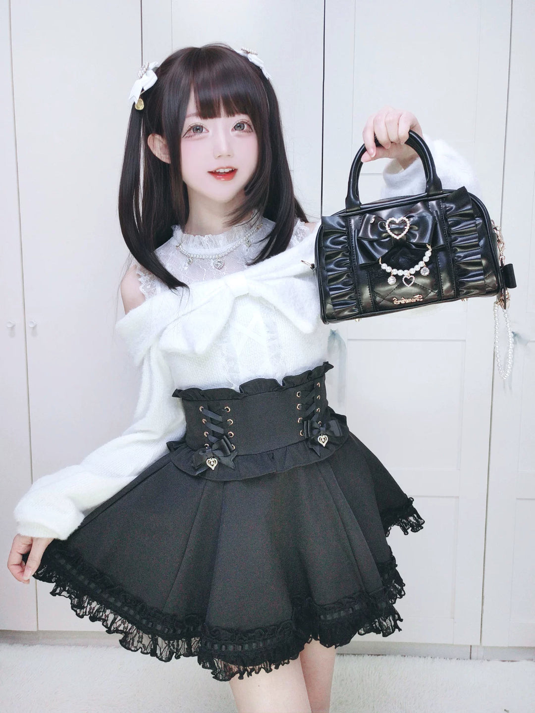 Jirai Kei 2-Way Handbag, Bow-Pearl Side Charm 44558:813649