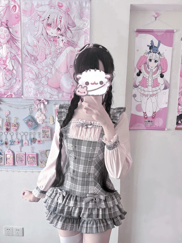 Ryousangata Pink Grey Plaid Dress Set with Choker 46077:874936