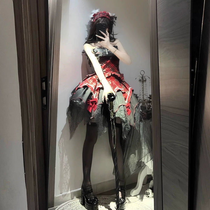 Gothic Lolita Dress Red Purple Top Irregular Skirt Hem Set 39142:615906
