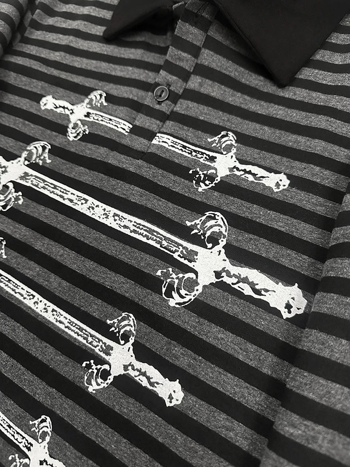 Gothic Striped Long Sleeve Polo Shirt, Carved Swords Print 46067:874785