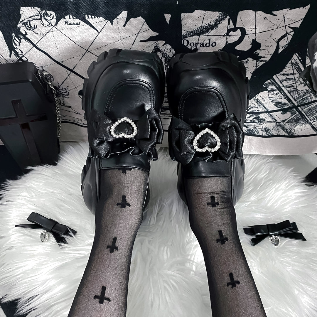 JK Uniform Pink Black Platform Shoes With Bow Ties 21892:331902