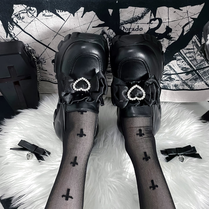 JK Uniform Pink Black Platform Shoes With Bow Ties 21892:331902