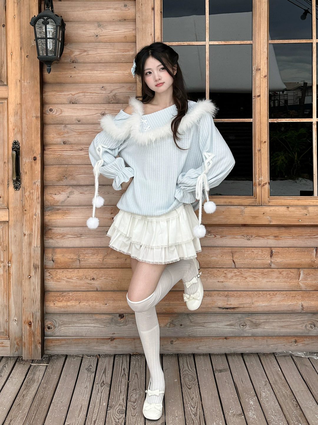 Sweet Blue One-Shoulder Sweater & White Tiered Skirt 43935:790929