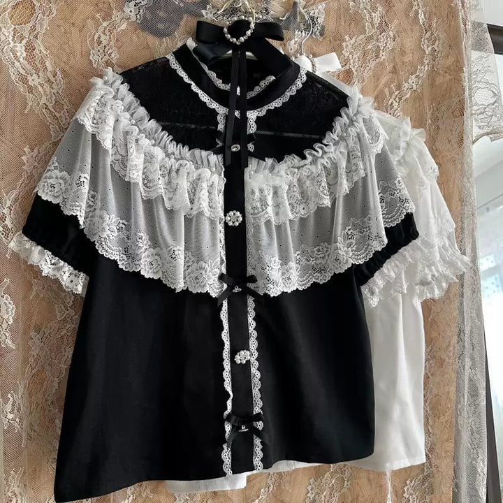 Jirai Kei Blouse with Layered Lace Cape & Detachable Sleeve (L M S XL) 42860:758757