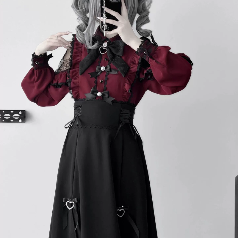 Lace Cut-Out Jirai Kei Blouse + Black Long High-Waist Lace-Up Skirt 41720:711548