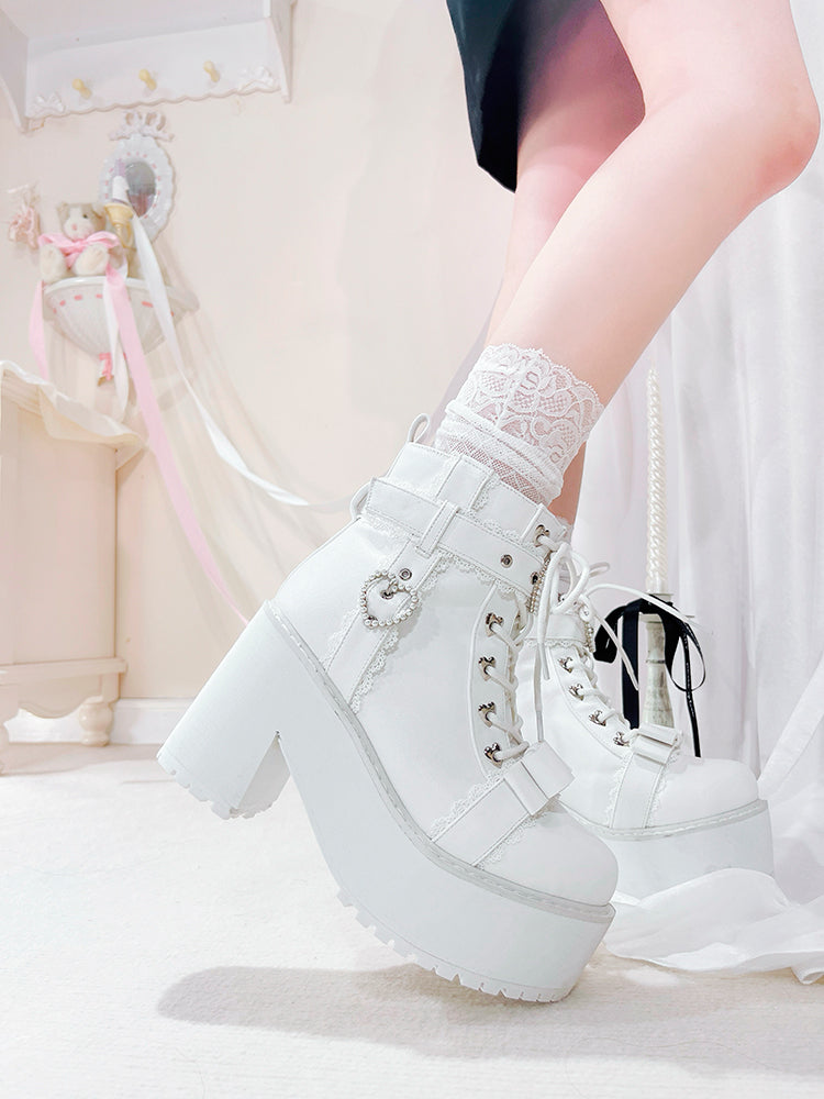 Jirai Kei Shoes Ankle Boots with Heart-shaped Pearl Buckle Detail 42651:748993
